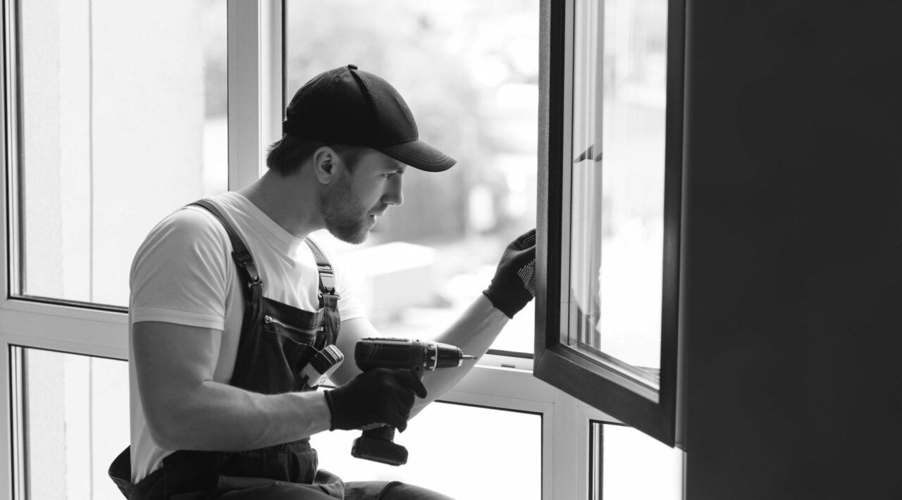service man installing window with measure tape.